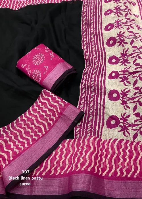 Soft Linen Saree with Pink Contrast Prints & Zari Woven Black Pattu Border